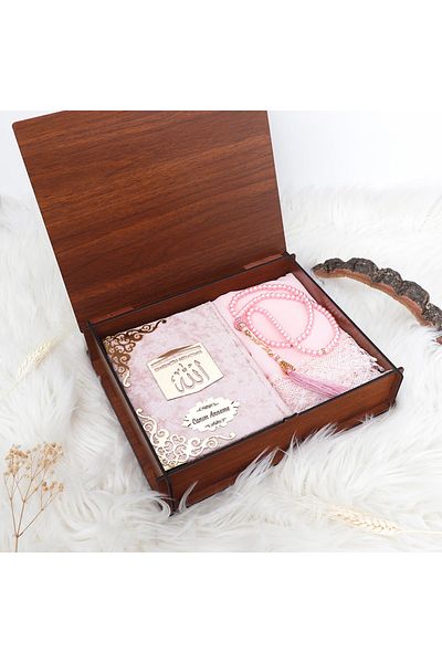 H Hediye Hemen Bag Size Plexiglass Written Velvet Quran + Prayer Head Scarf + Pearl Rosary in Wooden Box