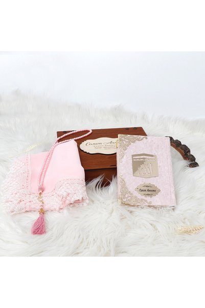 H Hediye Hemen Bag Size Plexiglass Written Velvet Quran + Prayer Head Scarf + Pearl Rosary in Wooden Box