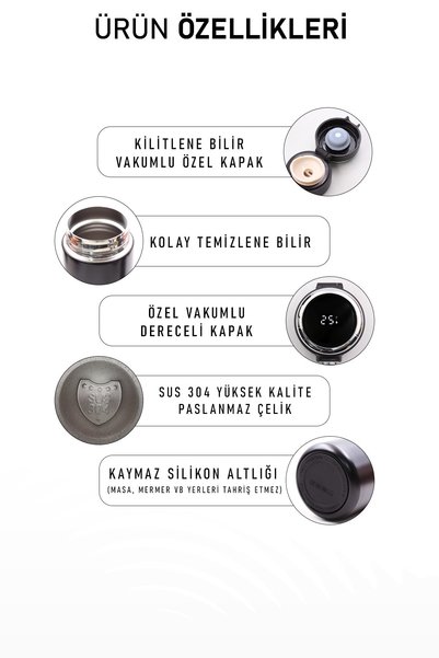 İkon store 450 Ml Kilitli Siyah Dereceli Termos