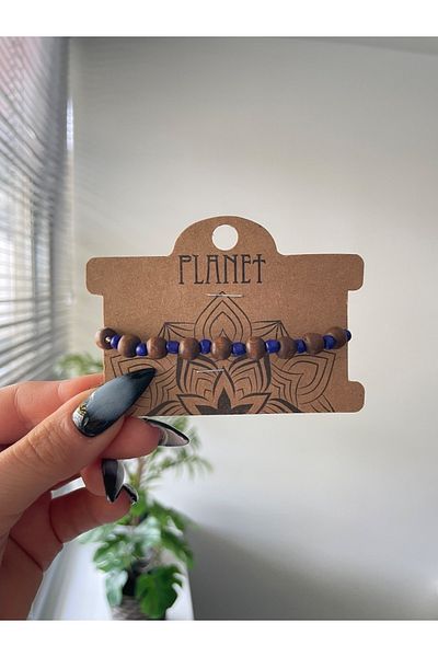 Planet Butik سوار خشبي أصلي للجنسين بتفاصيل خرز باللون الأزرق الداكن