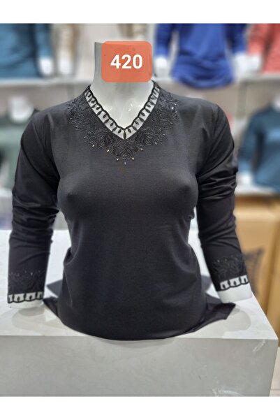 ANNELER GÜNÜ Kadın Likralı Yaka Desenli Penye Bluz