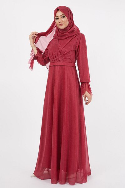 Modamihram Rochie de seară cu mânecă argintie detaliată Rosu Claret 12250