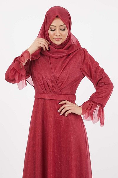Modamihram Rochie de seară cu mânecă argintie detaliată Rosu Claret 12250