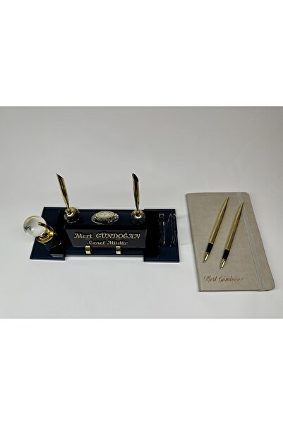 Gündoğan Kristal Füme Cam Isimlik Çift Ayak Gold Renk Kalem Saat Dünya Ve Kar...