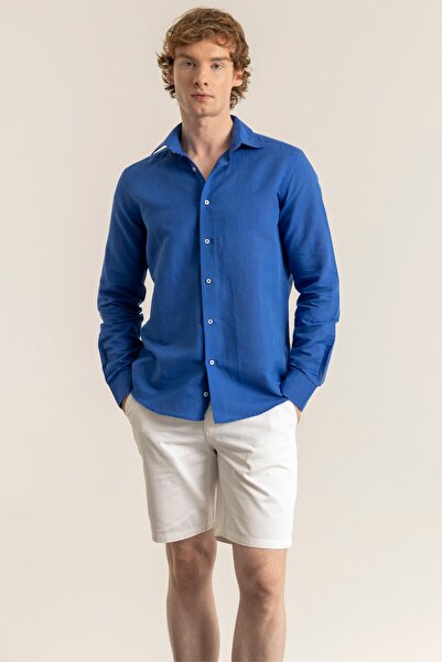 alenmeza Erkek Saks Mavi %100 Keten Modern Fit Cepsiz Gömlek