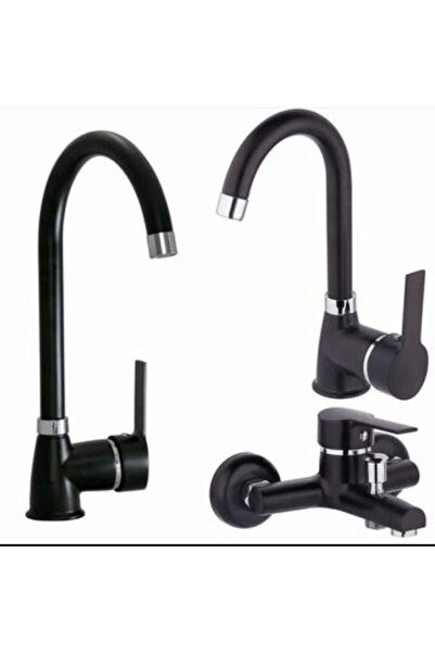 MOONSHOP Mat Siyah Mutfak Eviye Bataryası Lavabo Çeşmesi Banyo Bataryası Takımı