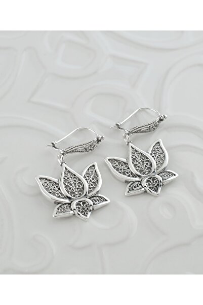 Filigran Silver 925 Ayar Telkari Sanatı El Yapımı Lotus Çiçek Detaylı Kadın Küpe