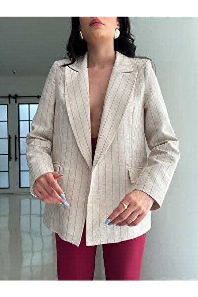 Laluvia Linen Striped Jacket Red