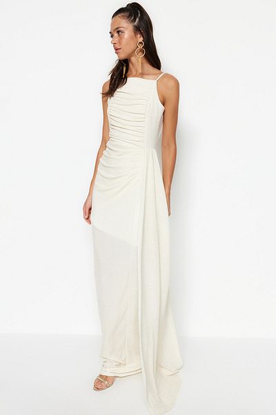 Trendyol Collection Екрю боді приталені Orme Glitter DugunNikah Довгі вечірні сукні TPRSS23AE00250