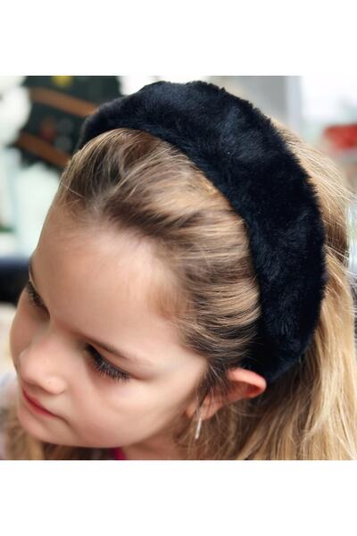 QUEEN AKSESUAR Pofuduk Peluş Kürk Kadife Tüylü Geniş Taç Kadın Çocuk Tacı Siyah