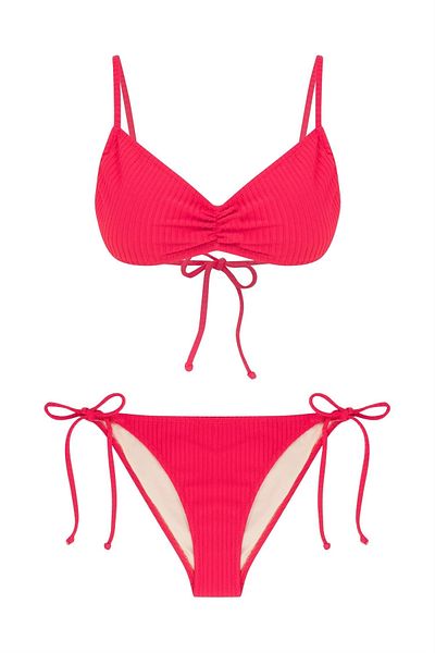 AQUELLA Ribbed Red Gathered Bustier Bikini Set