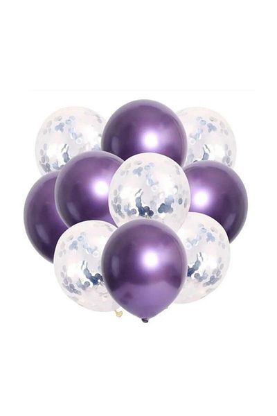 DÜVENCİ TİCARET Chrome Purple Balloon Set with Silver Confetti 10 Pieces