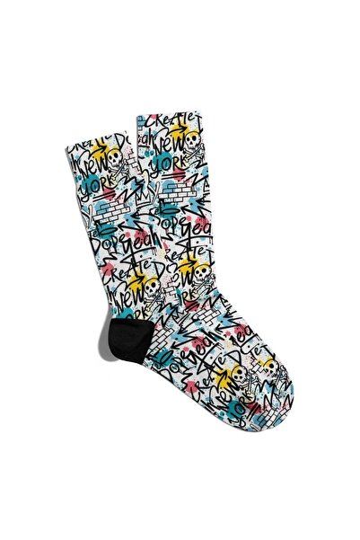 Eğlenceli Çoraplar Fun Socks Sosete unisex New York Skull Popart Printed Ecso...
