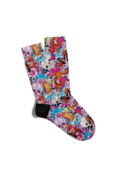 Eğlenceli Çoraplar Fun Socks Unisex Skull Fish Pattern Printed Socks Ecsoket165