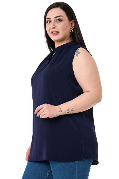 DISENTIS MODEST Μπλούζα με κολάρο με δέσιμο με όρθιο γιακά με πλαϊνή σχισμή Flowy αμάνικη μπλε μπλούζα