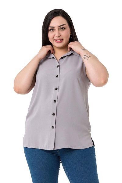 DISENTIS MODEST Gray Large Size Sleeveless Shirt Collar Buttoned Shirt