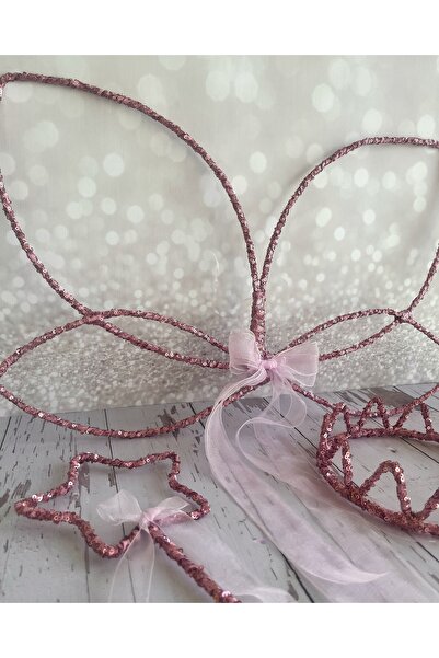 SAKLIDESİGN Çocuk Pembe Renk Kraliçe Taç ,yıldız Asa Ve Kanat 3 ‘lü Parti Set