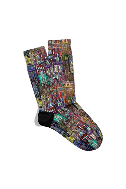 Eğlenceli Çoraplar Fun Socks Unisex Colorful City Clr Pattern Printed Socks E...