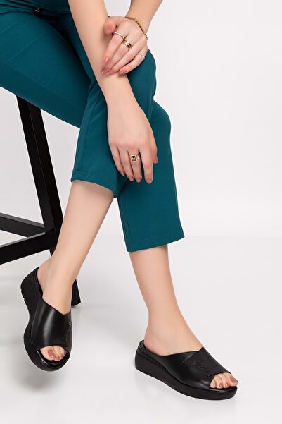 Gondol Hakiki Deri Dolgu Topuk Terlik Özl.404 - Siyah - 36