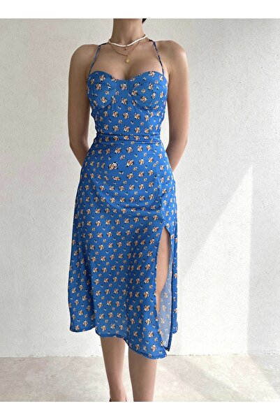 Afiş Butik Mavi Sırt Dekolteli Yırtmaçlı Midi Elbise