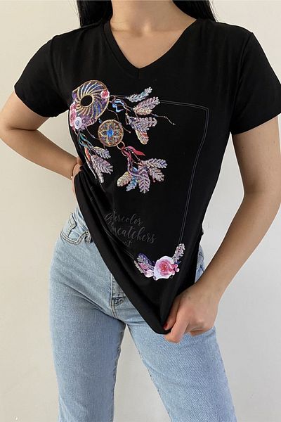 FEMELLE Tricou de damă, negru, cu decolteu în V, brodat cu paiete, 100% bumbac