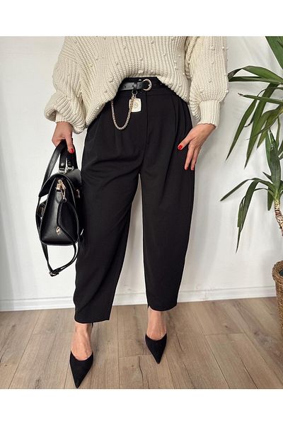 NFS BUTİK Crepe Fabric Baggy Cut Pleated Jogger Pants - Black