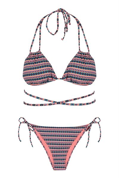 AQUELLA Patterned Triangle Bikini Set with Lacing Detail