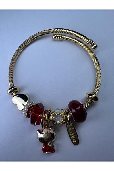 DUYGUSHOESBAG Gold Steel Bracelet with Red Cat Figure