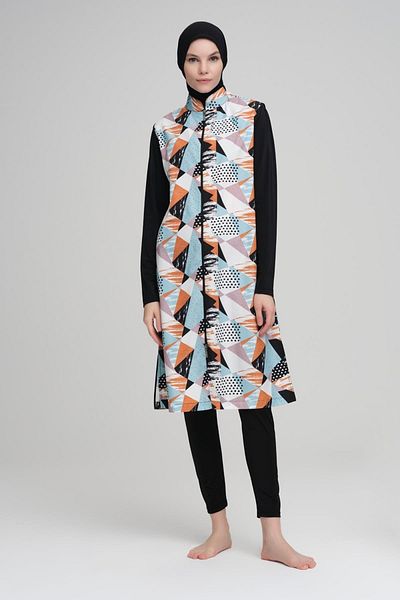 Nehar Orange Blue Patterned Black Jelly 3 Piece Hijab Swimsuit Set 2216