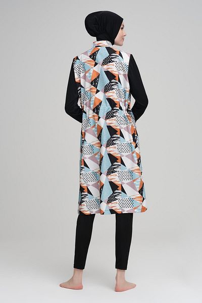 Nehar Orange Blue Patterned Black Jelly 3 Piece Hijab Swimsuit Set 2216