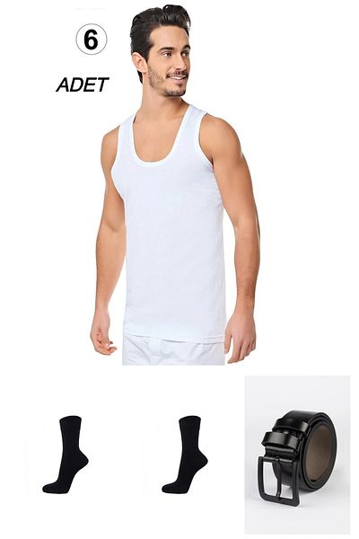 Baytas Men's Undershirt Cotton 6-Pack with 2 Pairs of Cotton Socks and 1 Belt as a Gift