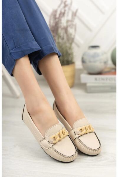 VASKONİ Kadın Babet Zincir Işleme Hafif Rahat Taban Kaliteli Deri Cilt Anne A...