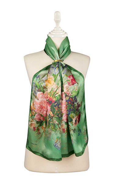 Bursa İpek Green Floral Narrow Silk Scarf