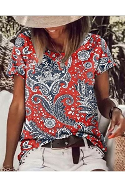 rengamoda Γυναικεία κόκκινη κοντομάνικη μπλούζα Crepe με λαιμόκοψη με μοτίβο κισσού