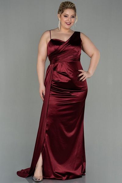 Abiyefon Burgundy One Shoulder Long Satin Plus Size Evening Dress Abu2932