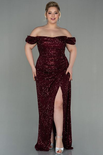 Abiyefon Burgundy Boat Neck Long Sequin Plus Size Evening Dress Abu2973