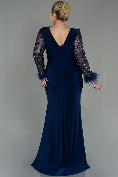Abiyefon Navy Blue Sequin Long Sleeve Slit Plus Size Evening Dress Abu2976