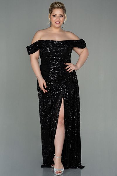 Abiyefon Black Boat Neck Long Sequin Plus Size Evening Dress Abu2973