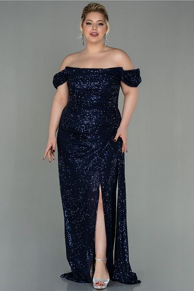 Abiyefon Navy Blue Boat Neck Long Sequin Plus Size Evening Dress Abu2973