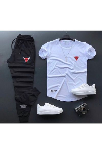 NewCabin New Season Bulls Printed Slim Fit T-Shirt - Sweatpants Combination Bottom and Top Set 2 Pieces