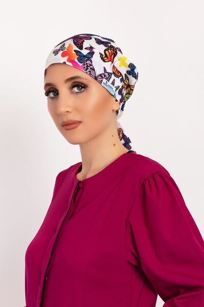 Nur Medikal Giyim Kadın Mor Kelebek Desenli Tesettür Doktor Hemşire Hastane Aşçı Cerrahi Bone