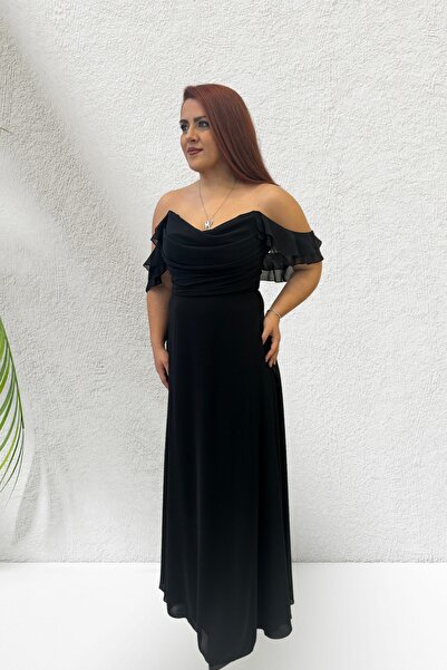 fevzuss Siyah Şifon Drape Detay Uzun Abiye