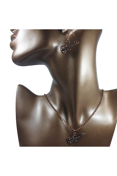 Ororabutik Copper Color 25mm Guitar Figured Necklace and Earring Set