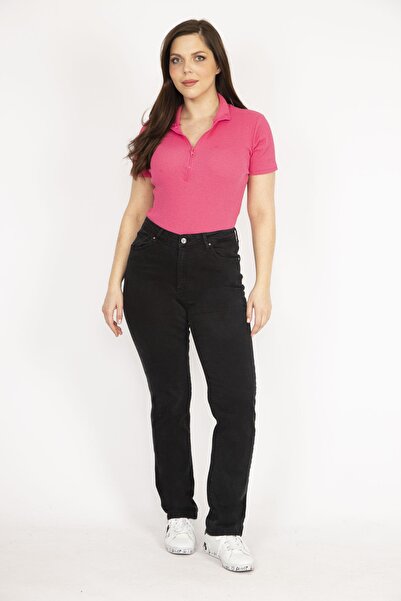 Şans بنطلون جينز نسائي أسود مقاس كبير من الليكرا 5 جيوب 65n36123