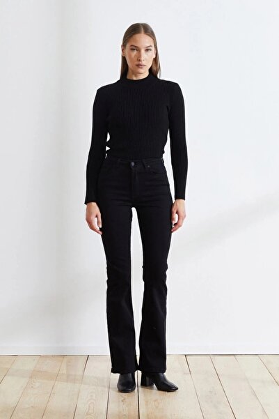 ByCukurovaFrango Γυναικείο Selana μαύρο τζιν με λύκρα, έξτρα ψηλόμεσο, καμπάνα.