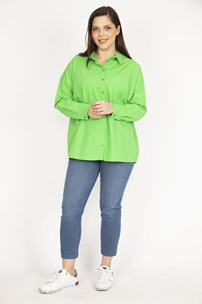 Şans Γυναικείο Πράσινο Πουκάμισο Μεγάλου Μεγάλου Μπροστινού Κουμπιού Πίσω Λεπτομέρεια 65n36142