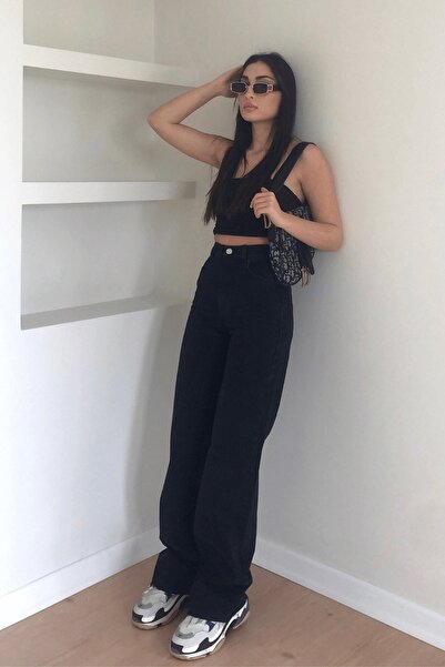 ByCukurovaFrango Jet Black Denim Fabric Wide Leg Women's Jeans - Black Colorf...