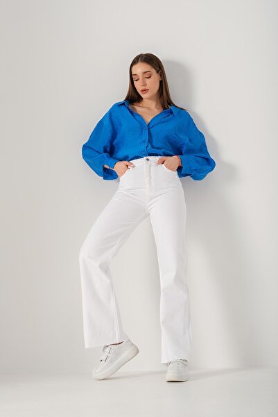 ByCukurovaFrango ماري وايت باور ليكرا سوبر عالية الخصر جينز فضفاض بالازو (ساق واسعة) فرانجو