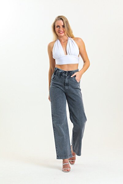 ByCukurovaFrango Antracit Visok struk Sa likrom Kaiš Naborano Široke nogavice...