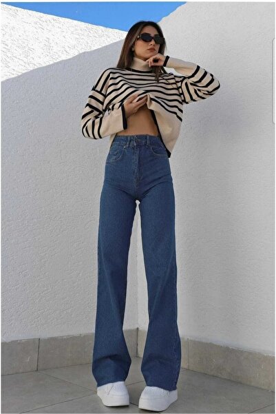 ByCukurovaFrango Quinn Lycra Women's Navy Blue Super High Waist Wide Leg Deni...
